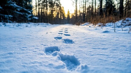 Wall Mural - snow-covered trail in a tranquil forest features clear footprints leading towards the horizon. the w