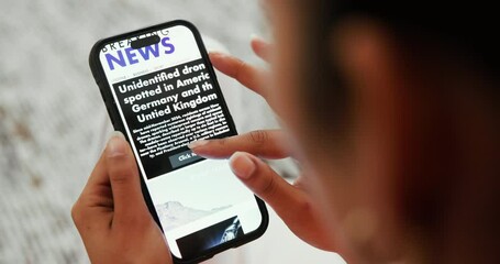 Poster - Phone, hands of woman and breaking news on screen for update, reading article and latest propaganda. Above, person and mobile in home with international story, conflict coverage and scroll for info