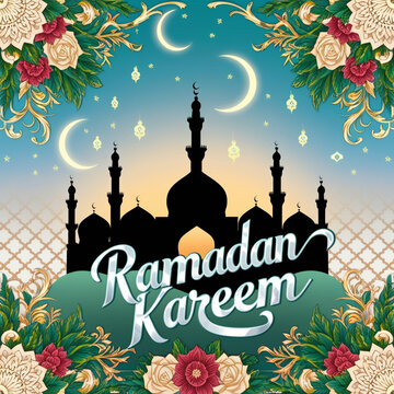 A serene Ramadan Kareem card with a glowing mosque at dusk, crescent moons, stars, floral motifs, Arabic calligraphy, and silver typography on a geometric backdrop, Generated With AI Image. 