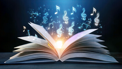 Aufkleber - Open Book Radiates Creativity as Musical Notes Float in a Captivating Night Sky