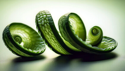 Aufkleber - Elegant Dance of Cucumber Peels Forming a Mesmerizing Spiral in Soft Light