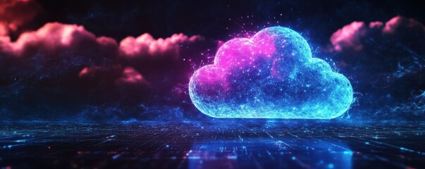 Poster - Neon glowing cloud over digital grid in dark futuristic cyber space environment