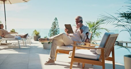 Poster - Phone call, talking and mature man on vacation, travel and communication with contact for trip or outdoor. Paradise, conversation and person with tablet for holiday, relax or research on social media