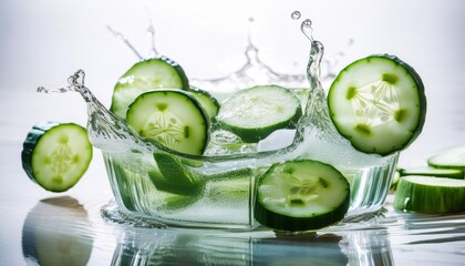 Poster - Refreshing Cucumber Infused Water With Floating Ice Cubes on a Bright Summer Day