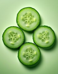 Poster - Cucumber Rounds Create a Clover Arrangement on a Green Background for a Fresh Culinary Look