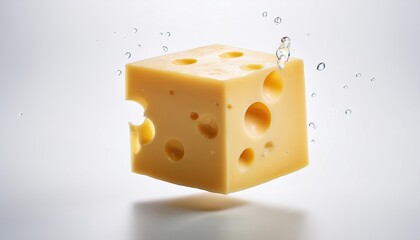 Poster - Floating Cheese Cube Illuminated With Soft Shadows Against a Minimalist Backdrop