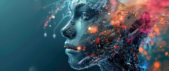 Aufkleber - AI robot on abstract background, cyborg like digital young woman, futuristic artificial intelligence. Concept of technology, tech, art, 