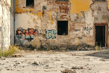 Poster - Ruined buildings with cracked walls and vibrant graffiti in an abandoned urban area. Generative AI