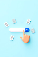 Poster - 3d cartoon hand clicks a search bar with document on a light blue background.
