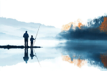 Wall Mural - Silhouettes of a father and son fishing by a calm lake, with misty mountains and autumn trees in the background, creating a serene and bonding atmosphere.