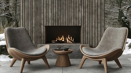 Wall Mural - Two modern chairs placed in front of a warm fireplace