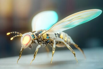 Poster - Close-up of a futuristic robotic insect with intricate gold and white design and glowing features, set against a soft, blurred background creating a sense of wonder.