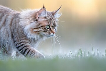 majestic maine coon prowls through misty meadow at dawn, embodying the essence of wild elegance in n