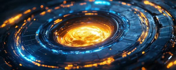 Poster - Futuristic glowing tech: abstract circular core design with blue and orange neon lights