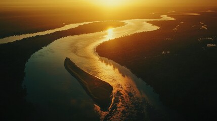 Wall Mural - Amazon Rainforest Aerial Vista with Meandering River Through Pristine Jungle at Golden Hour Creating Natural Abstract Patterns