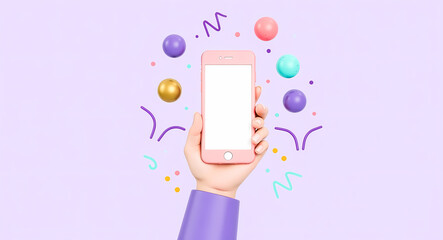 Poster - hand holds a pink smartphone surrounded by colorful spheres and abstract shapes against a pale purple background
