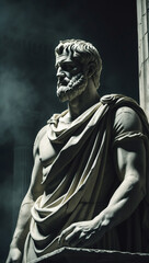  Ancient Marble Statue: A classical artistic representation of a draped bearded man in a dark setting.