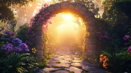 Wall Mural - Enchanted Tropical Paradise with Mystical Light Rays Breaking Through Ancient Stone Archways Covered in Exotic Flowering Vines