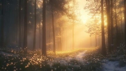 Wall Mural - Enchanting Winter to Spring Transition Landscape with Snow-Covered Pine Trees and Early Blooming Flowers in Golden Sunlight