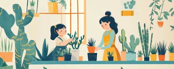 Mother and daughter enjoy potting plants together in a lush indoor garden