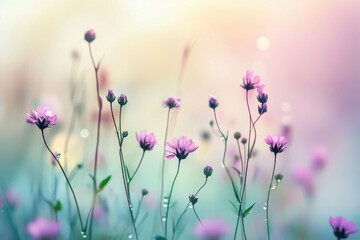 Wall Mural - Ethereal Spring Meadow Awakening with Dancing Wildflowers in Morning Mist Illuminated by Soft Sunrise Light Creating Dreamy Natural Atmosphere