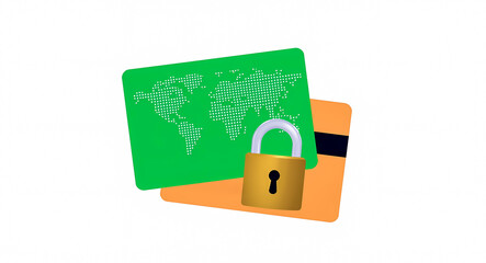 Poster - global payment security: secured credit cards with a world map and padlock