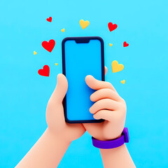 Poster - cartoon hands holding smartphone displaying red and gold hearts