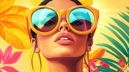Poster - A vibrant summer portrait of a woman wearing oversized yellow sunglasses surrounded by tropical leaves and flowers
