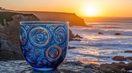 The teal glass vase, featuring flowing wave designs, is positioned on a rocky surface overlooking the ocean