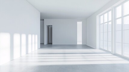  Bright and airy minimalist empty room interior with sunlight streaming through large windows
