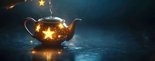 Glowing starry teapot pouring mystic light in dark ambient setting