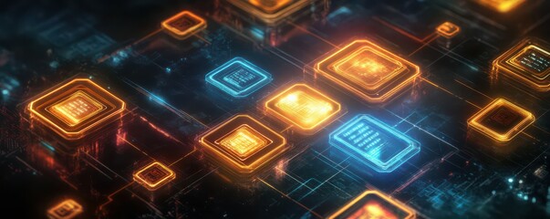 Poster - Futuristic neon circuit board with glowing orange and blue microchips
