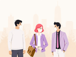 three individuals in lavender business casual attire standing outdoors wearing protective face masks against a city backdrop.