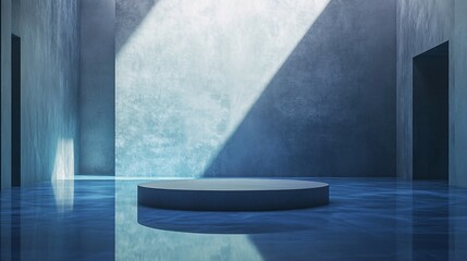 Aufkleber - Dark blue circular platform in a minimalist concrete room with sunlight streaming through