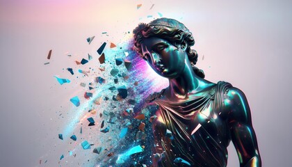 Poster - Glitching Statue With Digital Fragments Breaking Away in a Surreal Artistic Representation