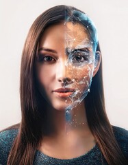 Poster - Human Face Blends Into a Stunning AI Avatar Showcasing the Fusion of Technology and Humanity