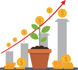 Poster - A thriving green plant growing from a brown pot with gold coins and ascending bar graphs in a flat vector illustration