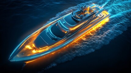 Poster - Dynamic Luxury Yacht Glowing on Dark Ocean at Night. Futuristic Abstract Digital Art