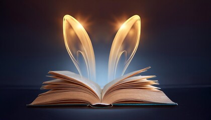 Poster - Enchanting Glowing Book Illuminates With Magical Ears Rising From Its Pages at Night