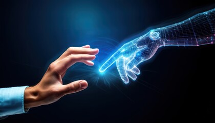 Aufkleber - Holographic Hand Creating a Connection With a Human Hand in a Futuristic Setting