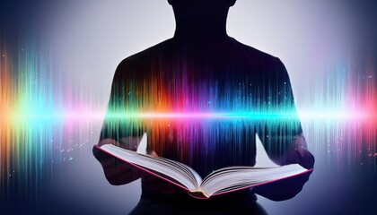 Poster - Human Silhouette Immersed in Sound Waves While Reading a Book in a Tranquil Environment