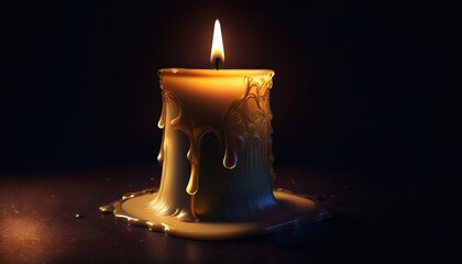 Poster - Flickering Flame Dances Atop a Melted Candle Surrounded by Shadows in the Dim Light