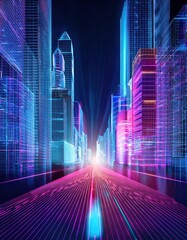 Poster - Neon Wireframe City Rises From Real Street Showcasing a Blend of Reality and Digital Art