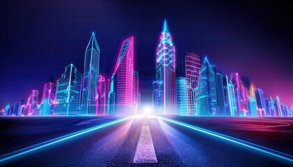 Poster - Neon Wireframe City Rises From Real Street Showcasing a Blend of Technology and Urban Life