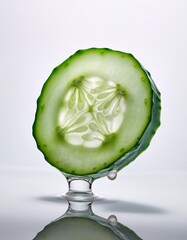 Poster - Floating Cucumber Slice Showcases Freshness in Minimalistic White Space