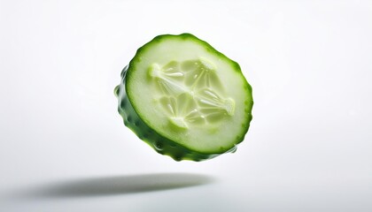 Poster - Floating Cucumber Slice Showcasing Vibrant Green Color and Delicate Seeds in Minimalistic Space