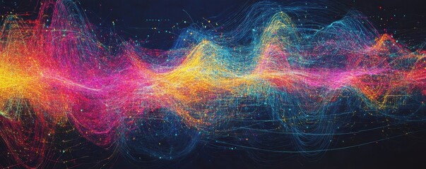 Poster - Colorful abstract digital waveforms against a dark background visualizing data flow