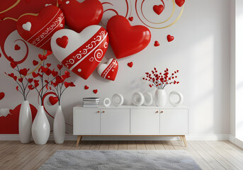 Wall Mural - Romantic Valentine Day interior design concept. Big red hearts with white accents, golden swirls decorate wall. Stylish white vases with decorative elements, low white cabinet complete scene. 