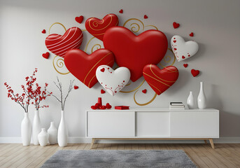 Wall Mural - Romantic Valentine Day interior design concept. Big red hearts with white accents, golden swirls decorate wall. Stylish white vases with decorative elements, low white cabinet complete scene. 