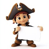 A 3D cute cartoon pirate captain character holding up an empty sign